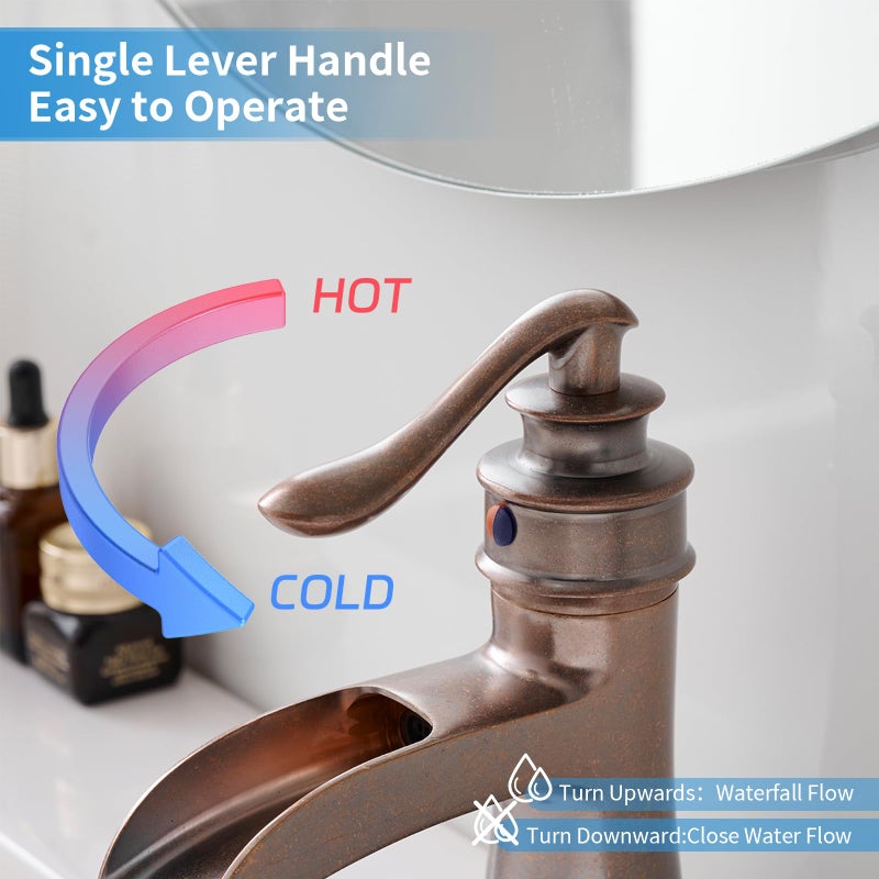 BWE Copper Bathroom Faucet Antique Brass Sink Vanity Basin Single Handle with Pop up Drain Assembly Waterfall Rose Mixer Tap One Hole Lever with Overflow Deck Mount Commercial - Image 4